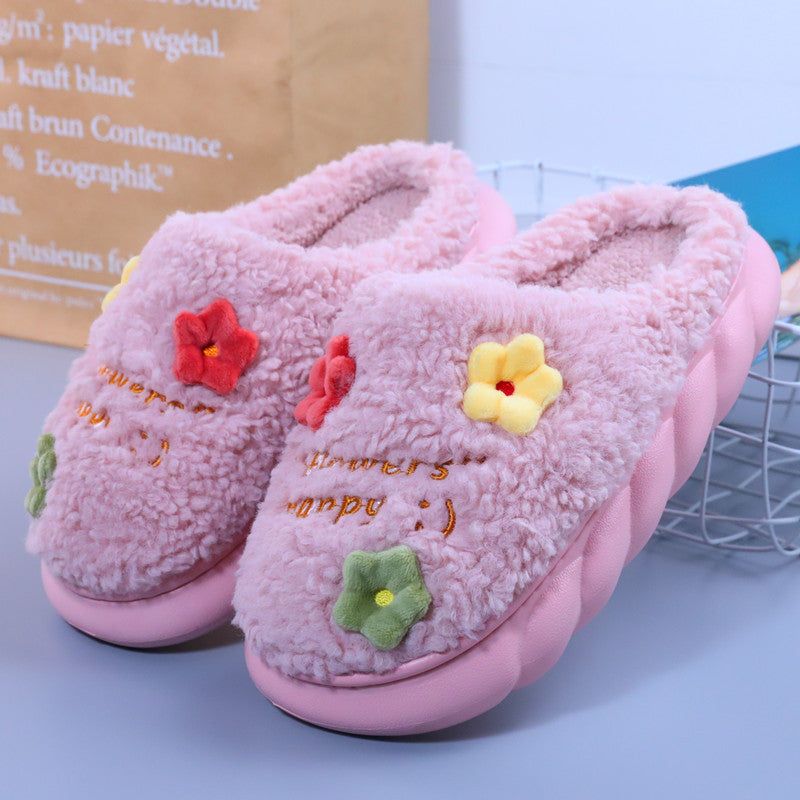 New Winter High Heel Household Cute Thick Sole Plush Cotton Slippers For Outdoor Wear Warm Non Slip Small Flower Women'S