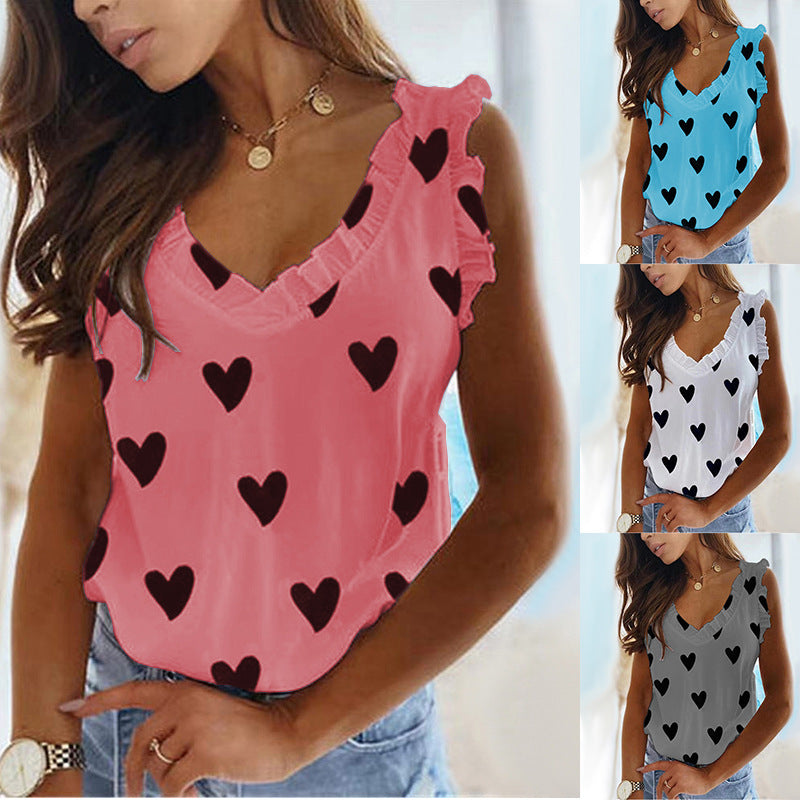 Heart Print V-Neck Ruffled Pleated T-Shirt Top