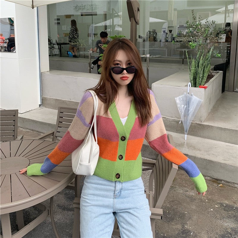 Knit Sweater Rainbow Sweater Jacket Women Retro Hong Kong Style Loose Short