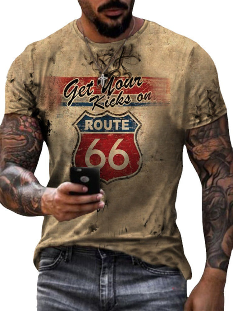 Round Neck Digital Print Slim Pullover Men's T-shirt